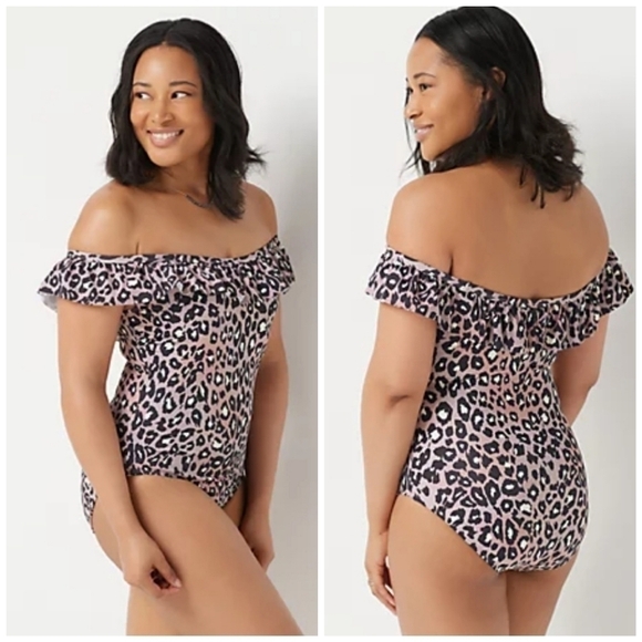 G.I.L.I Mauve Leopard Ruffle One Piece Swimsuit New - Picture 1 of 15